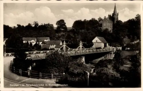 Ak Zwickau in Sachsen, Paradiesbrücke mit Ebertschlösschen.