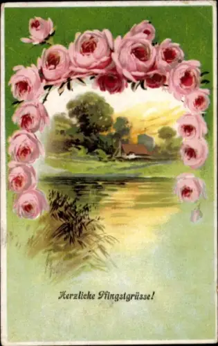 Ak Herzliche Pfingsten, Pfingstrosen, Landidyll