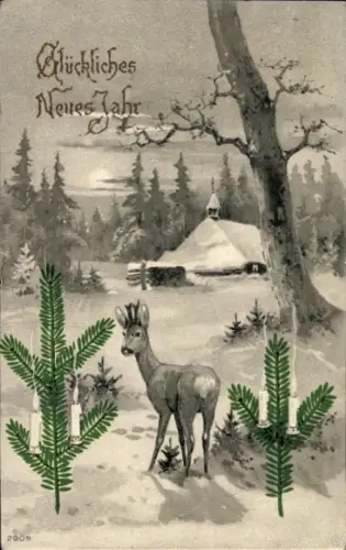 Ak Glückwunsch Neujahr, Dorfidyll, Hirsch