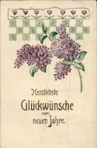 Präge Ak Glückwunsch Neujahr, Kleeblatt, Flieder