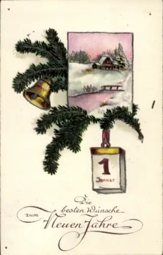 Passepartout Ak Glückwunsch Neujahr, Dorfidyll, Kalender