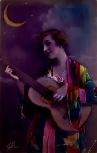 Ak Frau mit Gitarre, Mondsichel