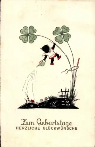 Scherenschnitt Ak Glückwunsch Geburtstag, Klee, Kind mit Gießkanne