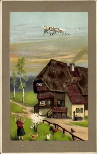 Ak Glückwunsch Pfingsten, Zeppelin über einem Schwarzwaldhaus, Winkendes Mädchen