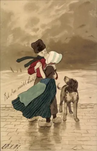 Künstler Ak Kinder in Niederländischer Tracht, Kuss, Hund
