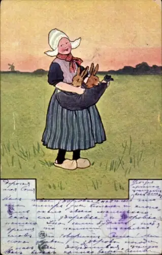 Künstler Ak Mädchen in Niederländischer Tracht, Hasen