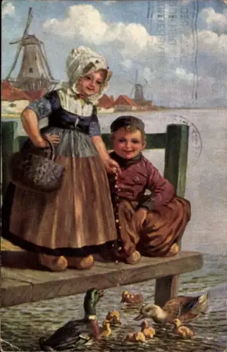 Künstler Ak Kinder in Niederländischer Tracht, Enten, Windmühle