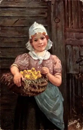 Künstler Ak Niederlande, Mädchen in Tracht, Entenküken, Tuck 6612