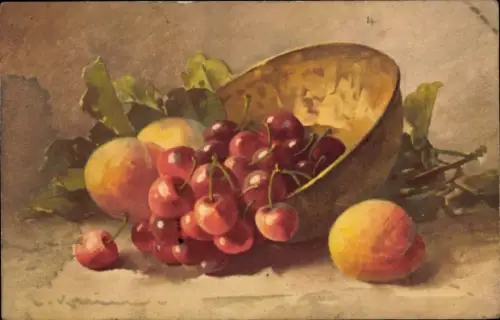 Künstler Ak Klein, Catharina, Schale mit Kirschen und Aprikosen, Stillleben