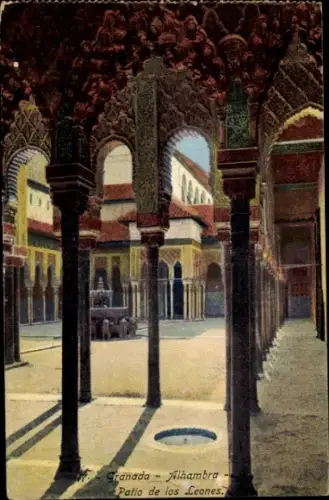 Ak Granada Andalusien Spanien, Alhambra, Patio de los Leones, farbenfrohe Architektur, Säulen, In