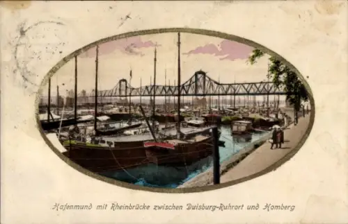 Passepartout Ak Ruhrort Duisburg im Ruhrgebiet, Hafenmund mit Rheinbrücke, Homberg