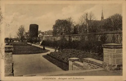 Ak Uerdingen Krefeld am Niederrhein,  Anlagen mit Eulenturm, Parklandschaft, Bäume, Weg