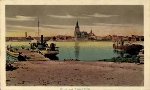Ak Emmerich am Niederrhein, Blick auf  Wasser, Boote, Kirche, Stadtansicht