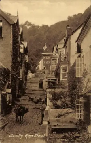 Ak Clovelly Devon England, Clovelly High Street, NEW INN, Treppe, Pferd,