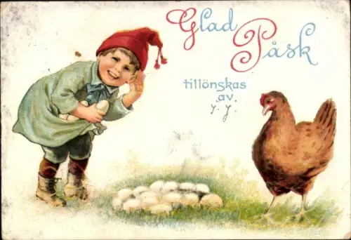 Ak Glückwunsch Ostern, Kind, Henne, Ostereier