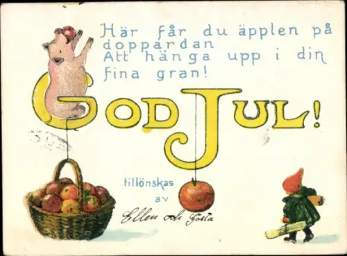 Ak Glückwunsch Weihnachten, Schwein, Äpfel, Kind