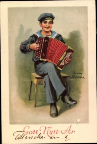 Künstler Ak Nyström, Jenny, Glückwunsch Neujahr, Matrose mit Akkordeon