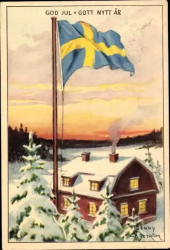 Künstler Ak Nyström, Jenny, Glückwunsch Neujahr, Dorfidyll, schwedische Nationalflagge