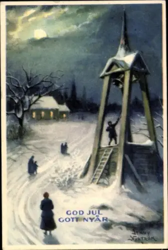 Künstler Ak Nyström, Jenny, Glückwunsch Neujahr, Dorfidyll, Glockenläuten