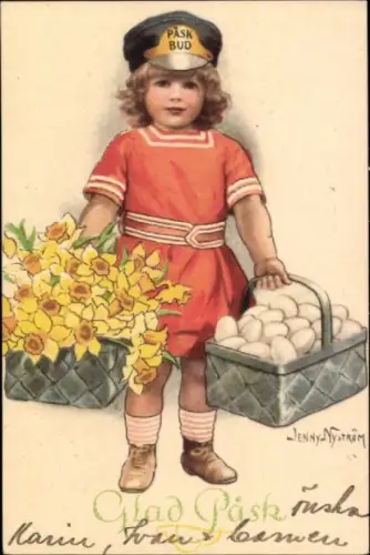 Künstler Ak Nyström, Jenny, Glückwunsch Ostern, Mädchen, Korb mit Ostereiern