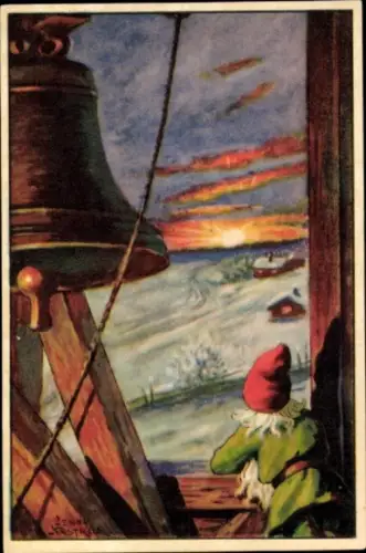 Künstler Ak Nyström, Jenny, Glückwunsch Neujahr, Zwerg, Ausblick vom Glockenturm