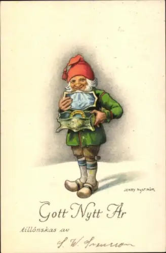 Künstler Ak Nyström, Jenny, Glückwunsch Neujahr, Zwerg, Hufeisen in einer Schatulle