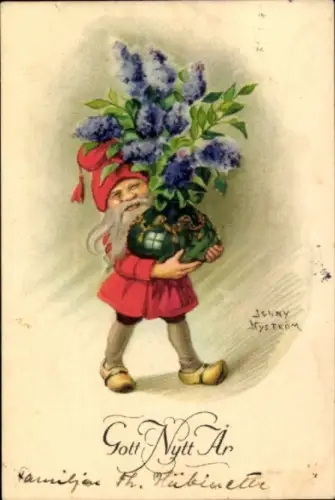 Künstler Ak Nyström, Jenny, Glückwunsch Neujahr, Zwerg, Blumen