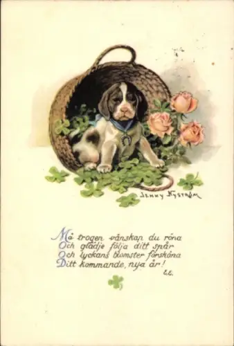 Künstler Ak Nyström, Jenny, Glückwunsch Neujahr, Hund, Weidenkorb, Klee