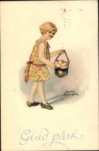 Künstler Ak Nyström, Jenny, Glückwunsch Ostern, Mädchen, Ostereier in einer Handtasche