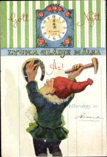 Künstler Ak Nyström, Jenny, Neujahr, Weihnachtsmann, Uhr, Hufeisen