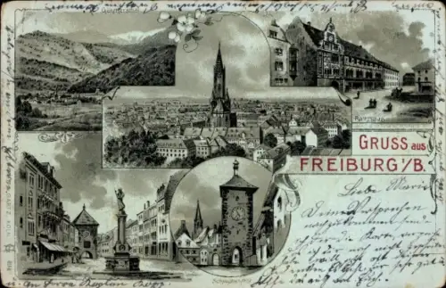 Mondschein Litho Freiburg im Breisgau, Günterstal, Rathaus, Schwabentor
