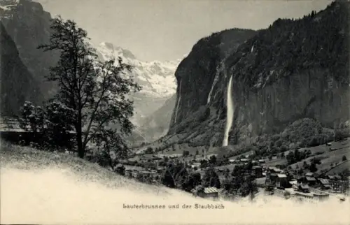 Ak Lauterbrunnen Kanton Bern, Landschaft mit Wasserfall,  Staubbach