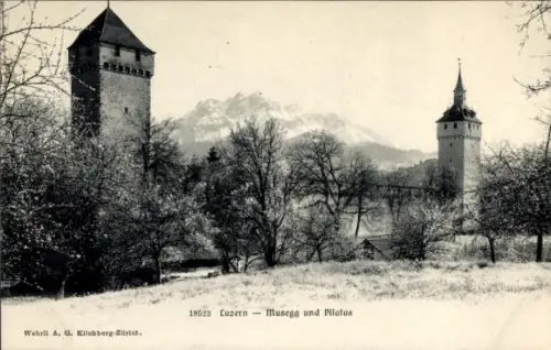 Ak Lucerne Luzern Stadt Schweiz,  Musegg und Pilatus, Berge, Türme