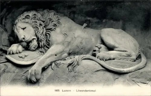 Ak Lucerne Luzern Stadt Schweiz, Löwendenkmal in  Löwe liegend, Jahr 1905