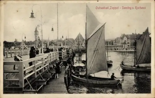 Ak Sopot Gdańsk Zoppot Danzig, Ostseebad  Seesteg, Kurhaus, Segelboote, Hafenansicht
