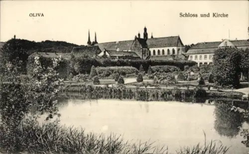 Ak Oliva Gdańsk Danzig, Schloss und Kirche,  Gartenanlage, Wasserfläche