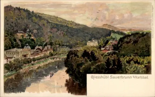 Künstler Litho Kyselka Giesshübl Sauerbrunn Reg. Karlsbad, Fluss, Kurhaus