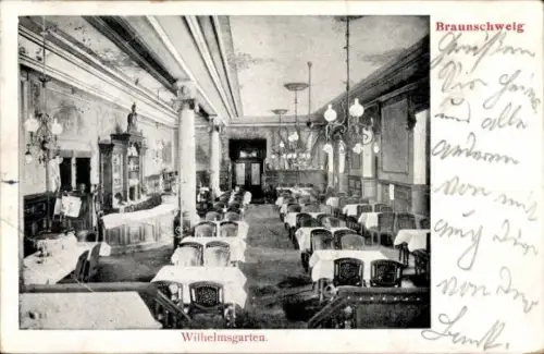 Ak Braunschweig in Niedersachsen, Wilhelmsgarten,  Innenansicht, Tische, Stühle, Beleuchtung