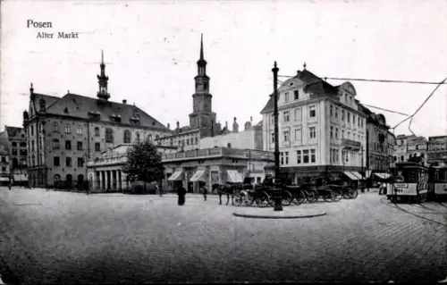 Ak Poznań Posen, Alter Markt, Straßenbahn Linie 8 Richtung Jerzyce, Pferdekutsche