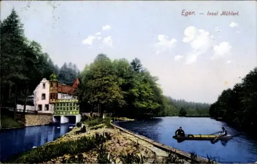 Ak Eger Erlau Ungarn,  Insel Mühlerl, Flusslandschaft, Restaurant, 