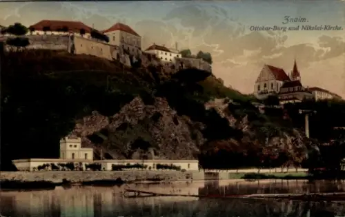 Ak Znojmo Znaim Südmähren, Ottokar-Burg, Nikolai-Kirche,  Wasseransicht