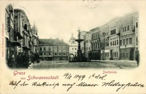 Ak Schwanenstadt in Oberösterreich, Stadtplatz  Brunnen,  Gebäude,  von 1899