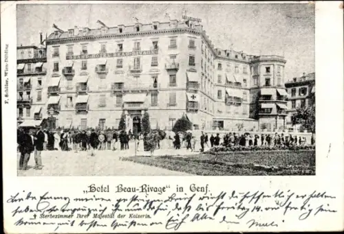 Ak Genf Stadt Schweiz, Hotel Beau-Rivage in  Menschenmenge, Kaiserliche Sterbezimmer
