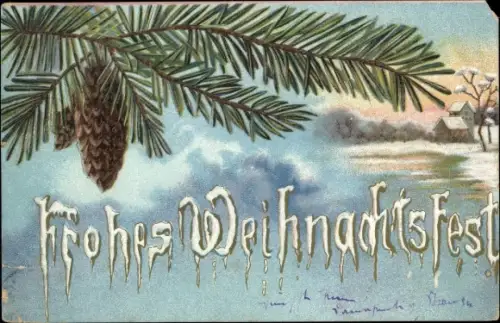 Präge Litho Glückwunsch Weihnachten, Tannenzweige, Zapfen