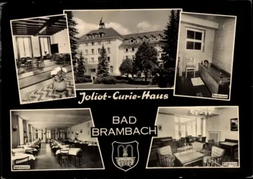 Ak Bad Brambach im Vogtland, Joliot-Curie-Haus, Speiseraum, Klubraum, Baderaum, Vestibul