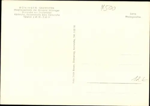 Ak Karlsruhe in Baden, Brauerei Moninger, Gaststätte, Hauptausschank, Bierstube, Gartensaal