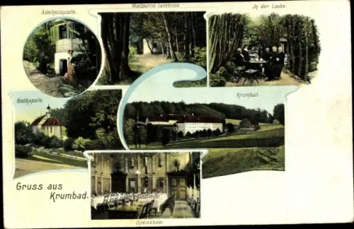 Ak Krumbach in Schwaben, Krumbad, Adelheidquelle, Badkapelle, Laube, Krumbad