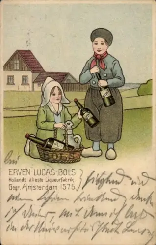 Litho Erven Lucas Bols AG, Likörfabrik, Reklame, Amsterdam, niederländische Tracht