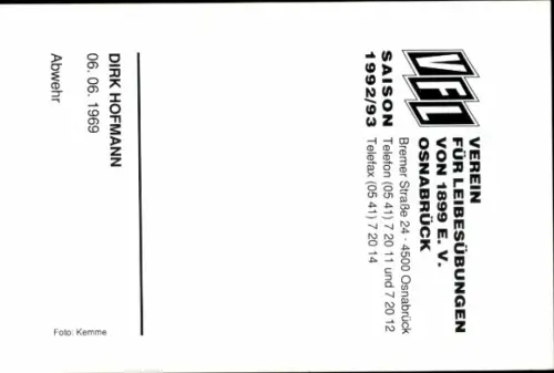 Autogrammkarte Fußballer Dirk Hofmann, VFL Osnabrück, Autogramm