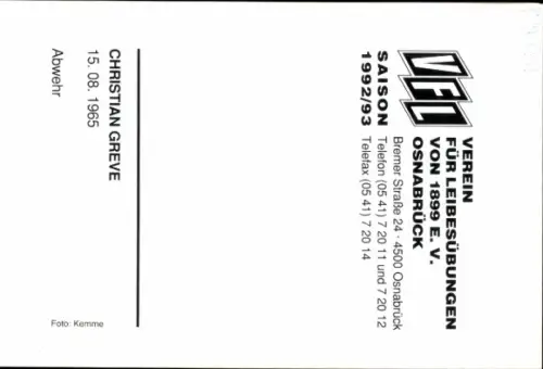 Autogrammkarte Fußballer Christian Greve, VFL Osnabrück, Autogramm